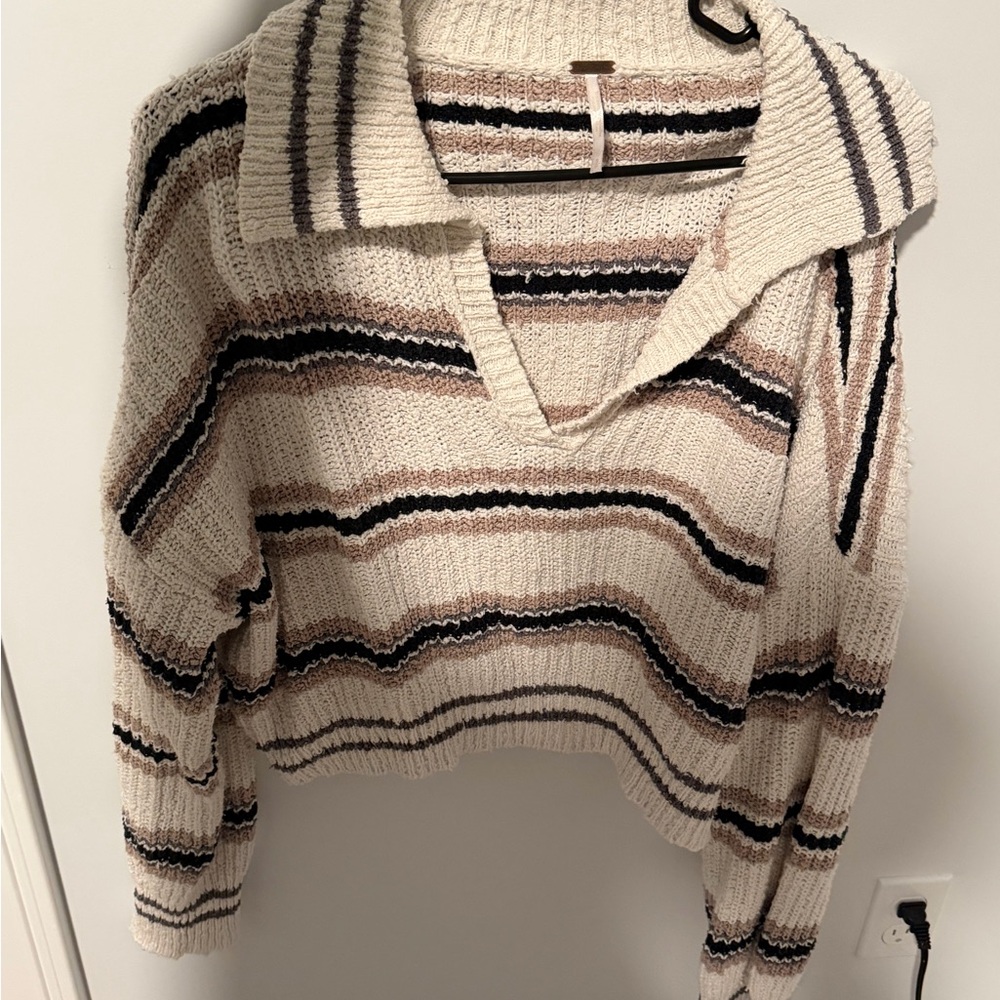 Free People Striped V-Neck Collared Cropped Sweater in Cream, Black, Tan